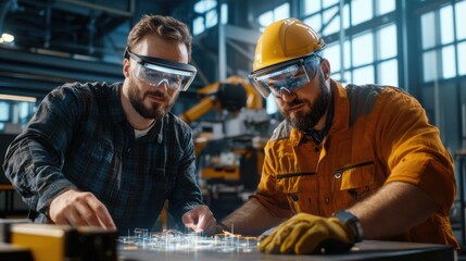 Engineers collaborate on innovative project manufacturing facility digital model industrial environment close-up view technology advancement