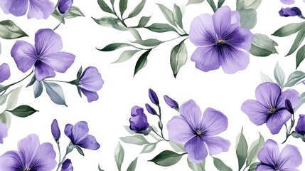 Fototapeta premium A vibrant arrangement of purple flowers and green leaves on a soft white background.