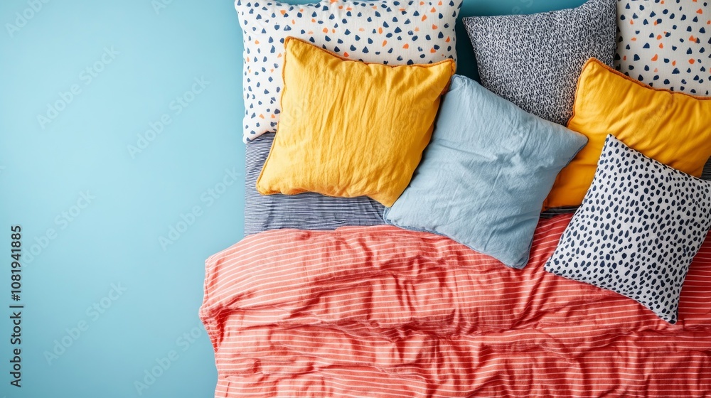 Aufkleber a comfortable bed features an array of decorative pillows in various patterns and colors, inviting r