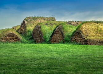 Traditional Icelandic Turf Houses with Grassy Roofs