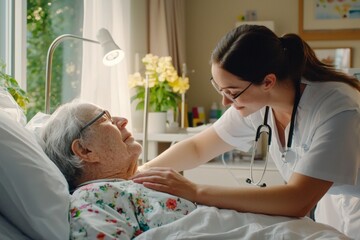 Fototapeta premium Caring nurse assisting elderly patient in hospital room health care environment compassionate care concept