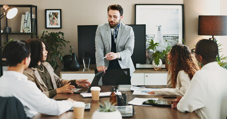 Education, training and upskill with business people in office together for development or growth. Coaching, meeting and planning with team leader speaking to staff in boardroom for company vision