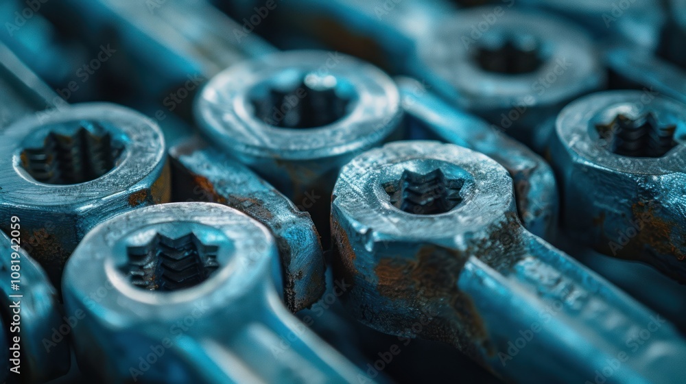 Poster close-up of a row of blue metal hexagonal nuts with a shallow depth of field.