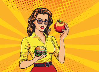 Young woman with apple and burger in hand pop art style vector illustration. Comics style.