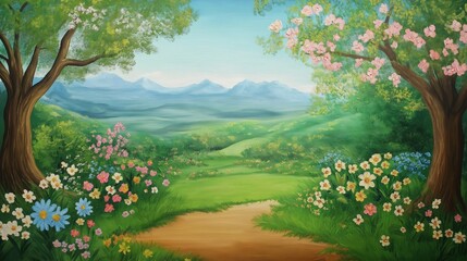 cute cartoon illustration, enchanted whimsical flower blossom forest trail with flowers and sunlight 
