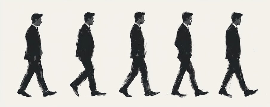 A minimalist illustration of a man in a suit walking in a sequence, showcasing motion and elegance in a professional context.