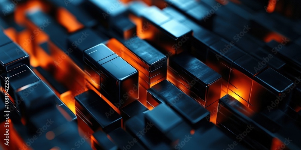 Poster abstract close-up view of metallic geometric shapes in vivid orange and black tones, creating a dyna