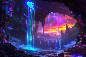 Obraz premium A View from a Cave Opening into a Neon-Lit Fantasy Landscape