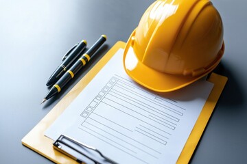 Site inspection action report construction site document overview professional environment top-down view safety compliance