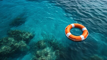 Vibrant Orange Lifebuoy Floating on Clear Tropical Water Surrounded by Coral Reef in Serene Aquatic Environment