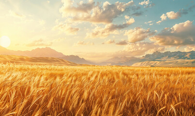 Obraz premium Golden wheat field at sunset with rolling mountains in the distance, bathed in warm, soft sunlight, symbolizing peace and abundance