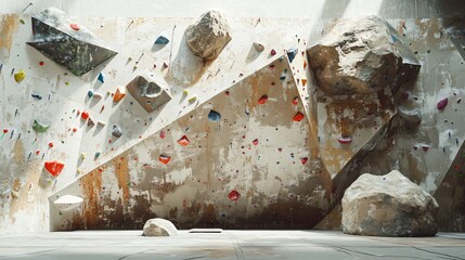 Obraz premium Indoor Climbing Wall with Colorful Holds and Natural Boulders in a Sunlit Space, Perfect for Adventure Photographers and Sports Enthusiasts Seeking Unique Backdrops