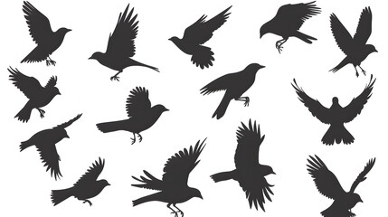 Obraz premium Sequential series vector of crow flying on white background Starlings sitting on wires and flying into the sky. Flying birds silhouette flock. hand drawing Vector illustration, Generative AI
