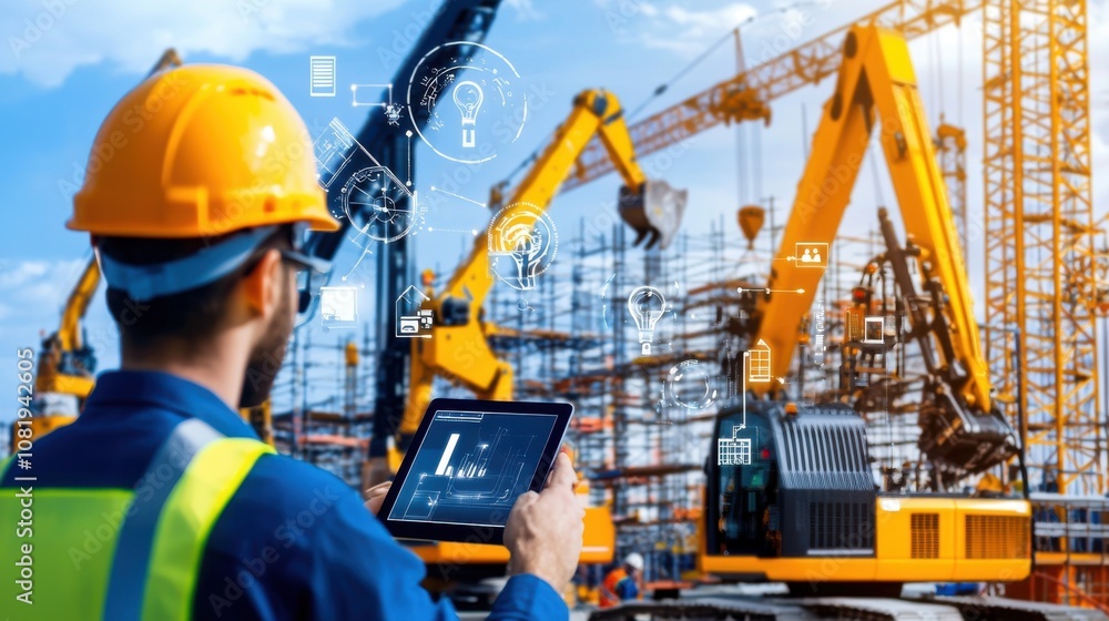 Poster construction worker analyzing project data construction site digital technology urban environment cl
