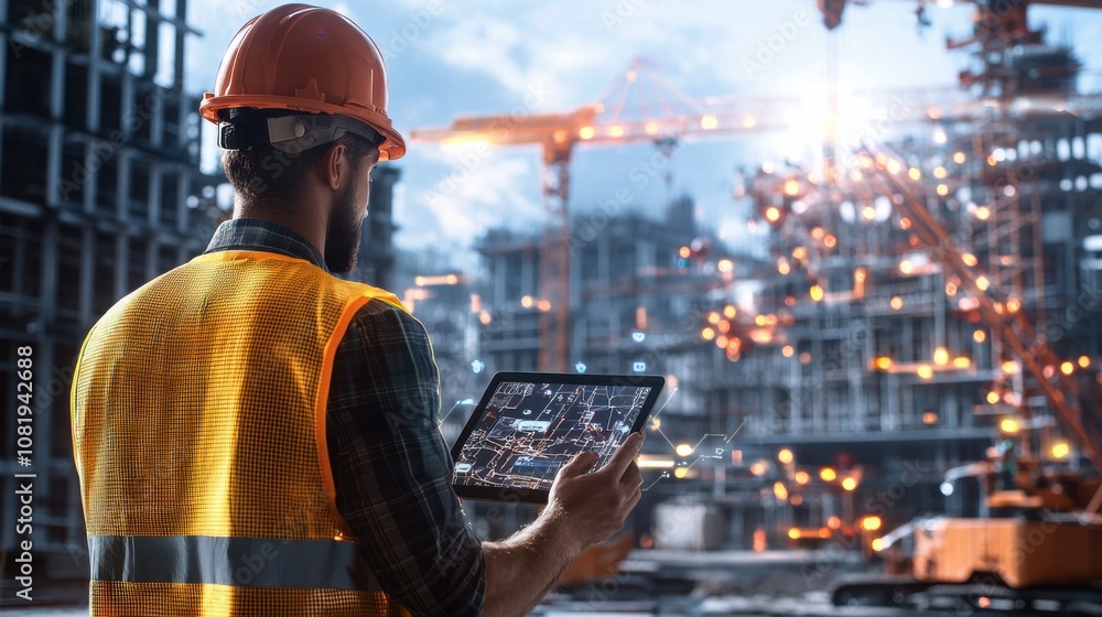 Poster Construction worker using tablet for project management urban construction site digital technology daylight environment close-up view innovation in construction
