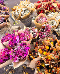 Street flower bazaar display a variety flowers bouquets. Netherlands, Amsterdam