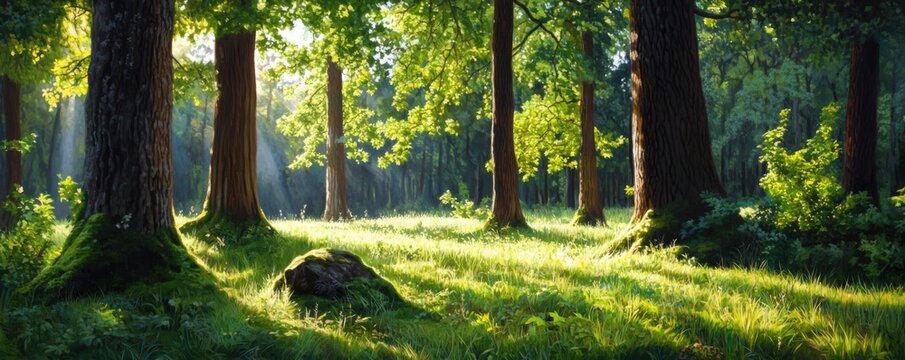 Exploring a mystical ancient oak grove in a sunlit forest