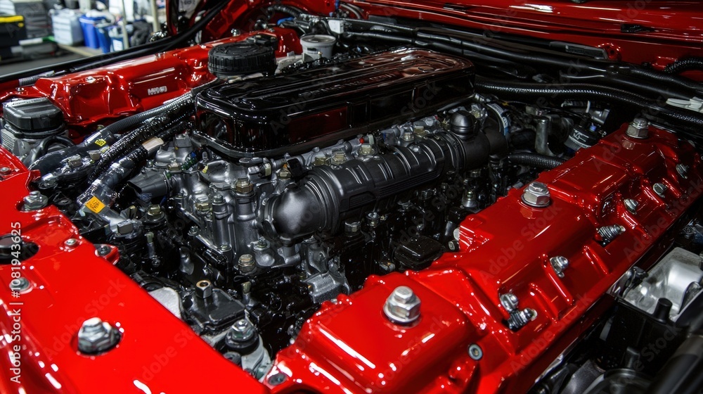 Poster engine power: a close-up view of a powerful, modified engine, revealing intricate details and showca