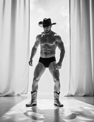 Male striptease dancer in cowboy hat and boots