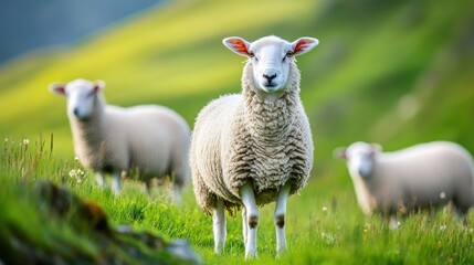Fototapeta premium A Sheep Stands in a Green Field, Looking Directly at the Camera