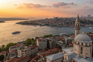 Obraz premium Stunning Aerial View of the Bosphorus from Galata Tower at Sunset, Capturing the Enchanting Cityscape of Istanbul's Beyoglu and Asian Side in One Breathtaking Panorama