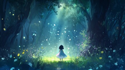 cute cartoon artful illustration kid adventure at forest at night , little girl in white pretty dress walking carefully on wood trail	
