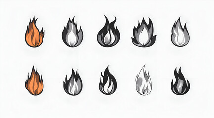  line art icons depicting campfire flames on white