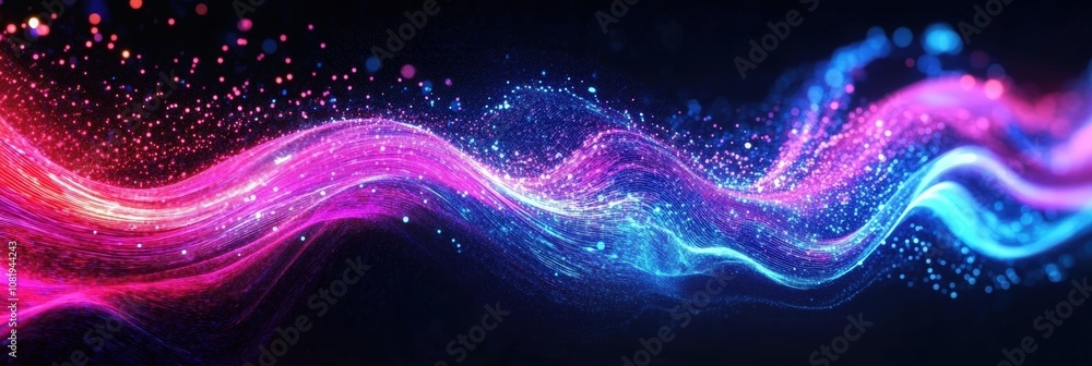 Poster vibrant abstract wave of colorful light trails with sparkles and glowing particles, creating a myste