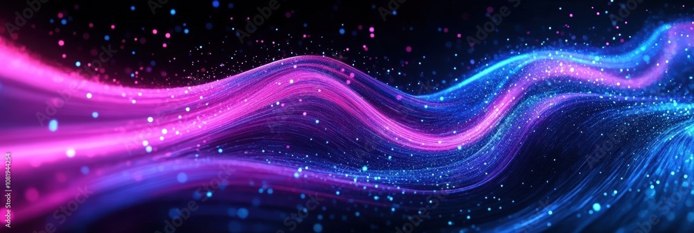 Poster vibrant colorful waves of light with glittering particles flowing in a dark background, creating an 