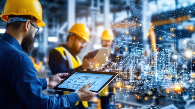 Construction workers using ai cost estimation tools industrial site digital innovation modern environment professional insight