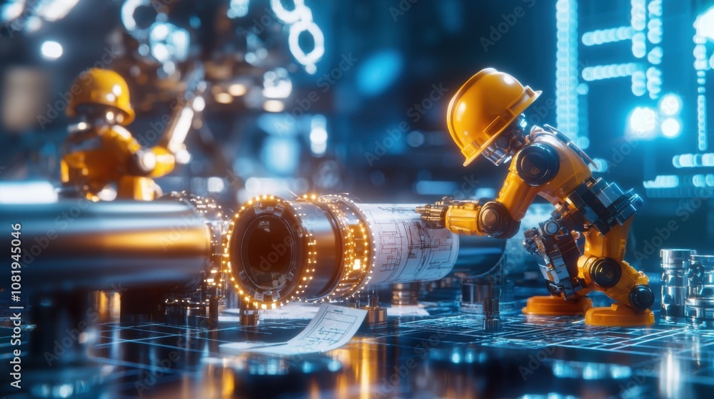 Poster futuristic construction robots assembling pipelines in industrial setting