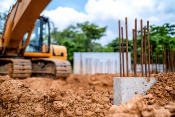 Obraz premium Excavation action for commercial building foundations construction site concrete reinforcement outdoor environment close-up view structural integrity