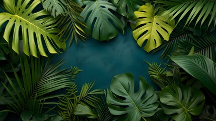 Tropical Leaves Illuminated with space and Notanical herbal exotic tropical plants herbs flowers botanical foliage background nature jungle lanfscape. Graphic Art