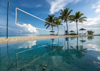 Stunning Beach Volleyball Court Flooded with Water Creating Unique Reflections and Dramatic Atmosphere in a Summer Landscape