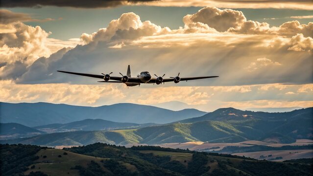 Stunning B-29 Bomber Flying Over Scenic Landscape Captured with Rule of Thirds Composition for Aviation Enthusiasts and History Buffs