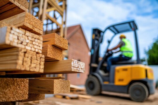 Forklift unloading construction materials job site photography outdoor close-up delivery process