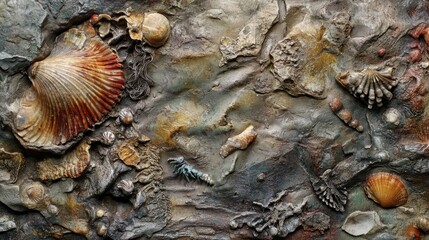 Close-Up of Fossilized Sea Creatures on Rock Surface