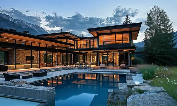 Modern mountain retreat on a craggy peak, with a timber and glass exterior, offering a breathtaking view of rugged peaks and a tranquil alpine lake