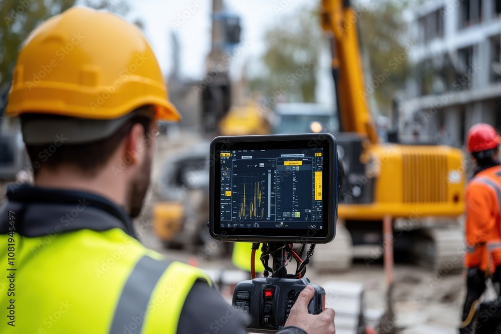 Poster construction equipment monitoring job site digital display urban environment close-up view real-time