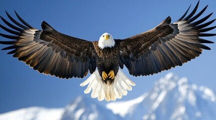Fototapeta premium Bald Eagle in Flight with Wings Spread Wide Against a Blue Sky