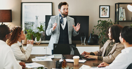 Coaching, seminar and training with business people in boardroom of office for upskill development. Meeting, our vision and planning with team leader speaking to staff in workplace for education