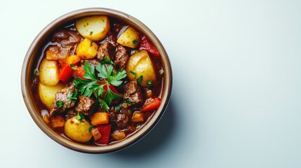 Beef Stew in Bowl with Fresh Vegetables