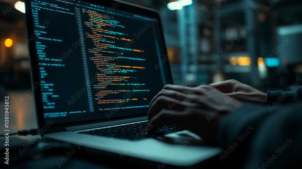 Poster a developer is coding on a laptop in a dynamic workspace, highlighting the innovative atmosphere of 