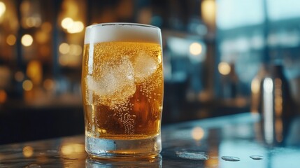 Refreshing Glass of Beer with Ice in a Bar, Capturing the Effervescent Bubbles and Golden Color, Perfect for Beverage and Relaxation-themed Content
