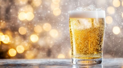 Refreshing golden beer in a glass with bubbles and foamy top on a blurred background of soft lights, ideal for celebrating moments and social gatherings.