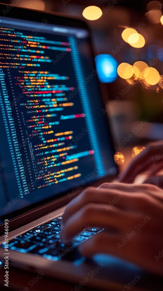 Poster hands are actively typing on a laptop as colorful lines of code illuminate the screen in a vibrant, 