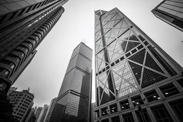 Fototapeta premium Stunning Close-Up of Hong Kong's Commercial Building Architecture in Black and White Style with Clear Copy Space for Creative Uses and Minimalist Aesthetic