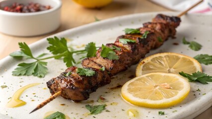 Grilled beef kebab with lemon slices and parsley