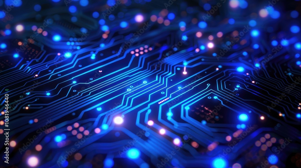 Poster neon blue circuit lines on a dark abstract background