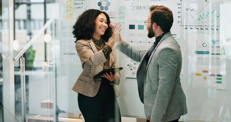 Business, people and happy high five with whiteboard at office for unity or celebration as trend...